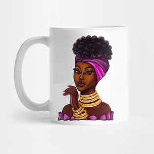 Queen Black is beautiful anime manga black girl with Gold bangles, neck ring necklace, purple dress and head wrap, brown eyes and dark brown skin ! Mug